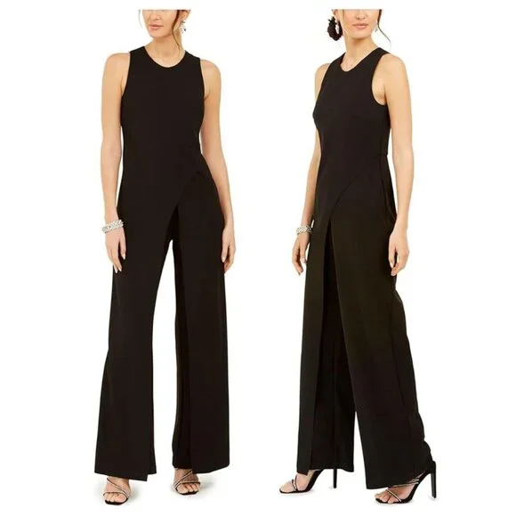 Adrianna Papell Crepe Halter Wide Leg Overlay Jumpsuit